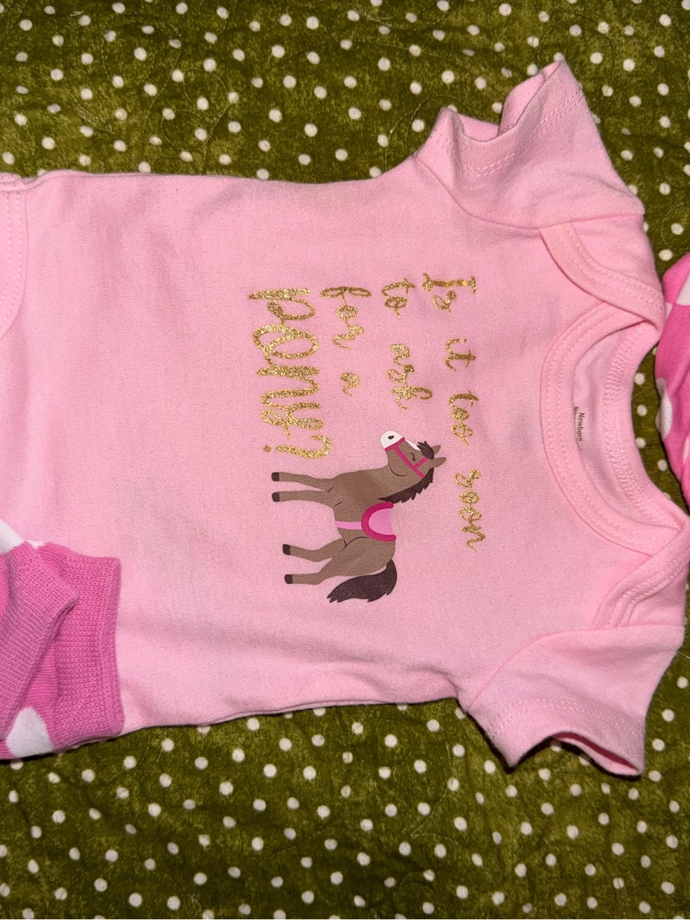 Pink Horse Graphic onsie with matching leg warmers and head band bow